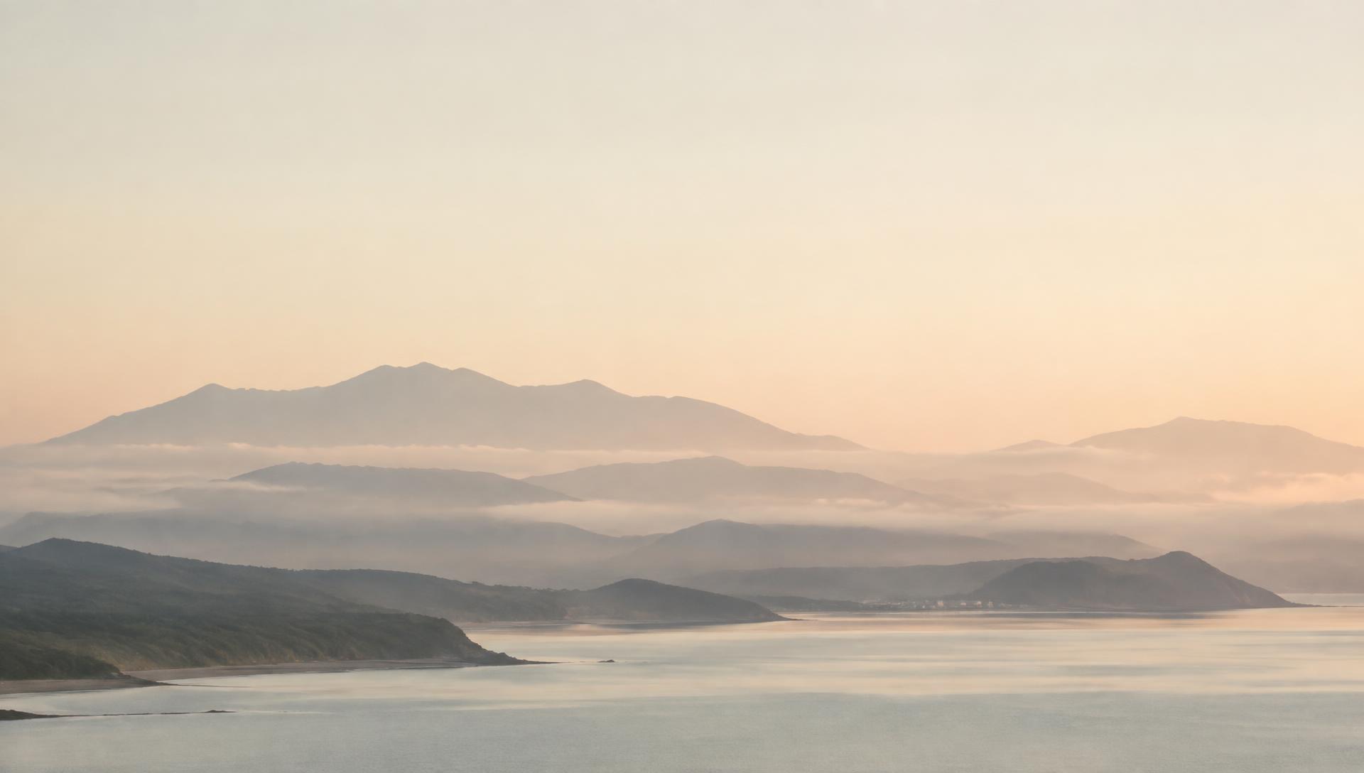 Misty mountains above a quiet bay at dawn
